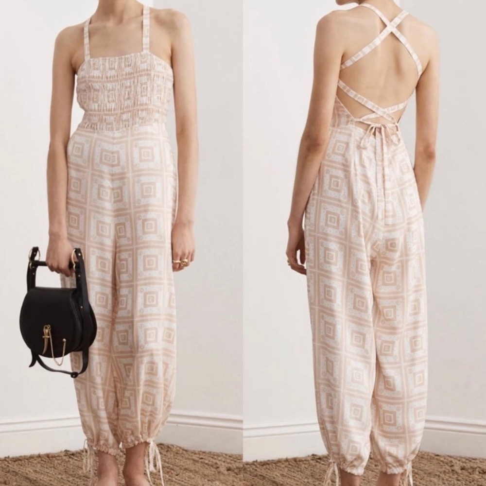 Anthropologie Cream & Beige Geometric Back-Tie Jumpsuit